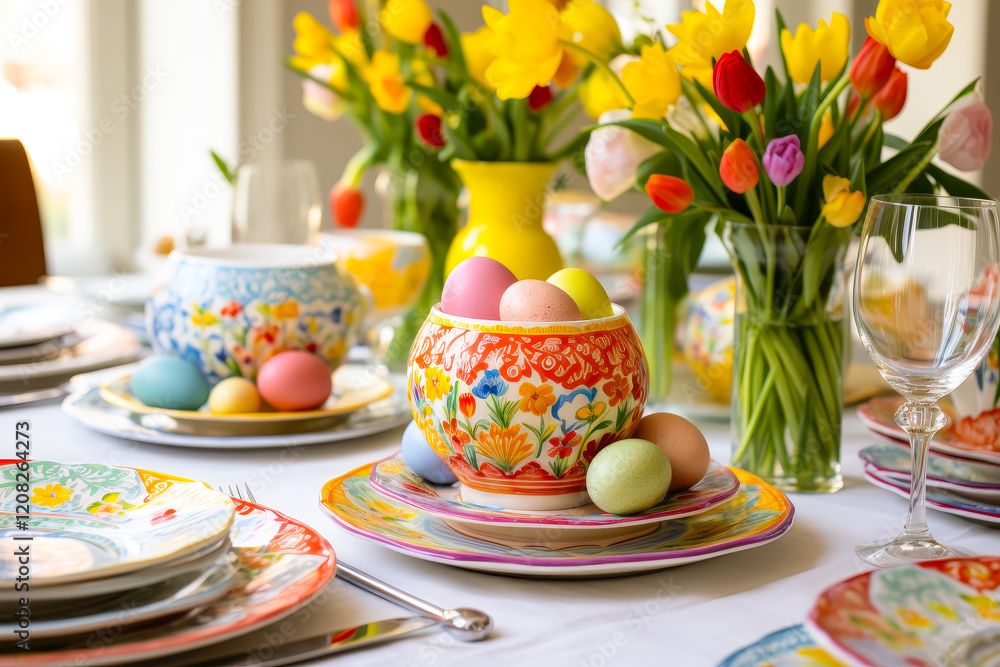 Poster festive spring table setting with colorful eggs and vibrant flowers for a celebration