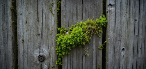 A patch of vibrant green moss clings to weathered wooden planks, showcasing nature's resilience in a tranquil outdoor environment bathed in soft morning light