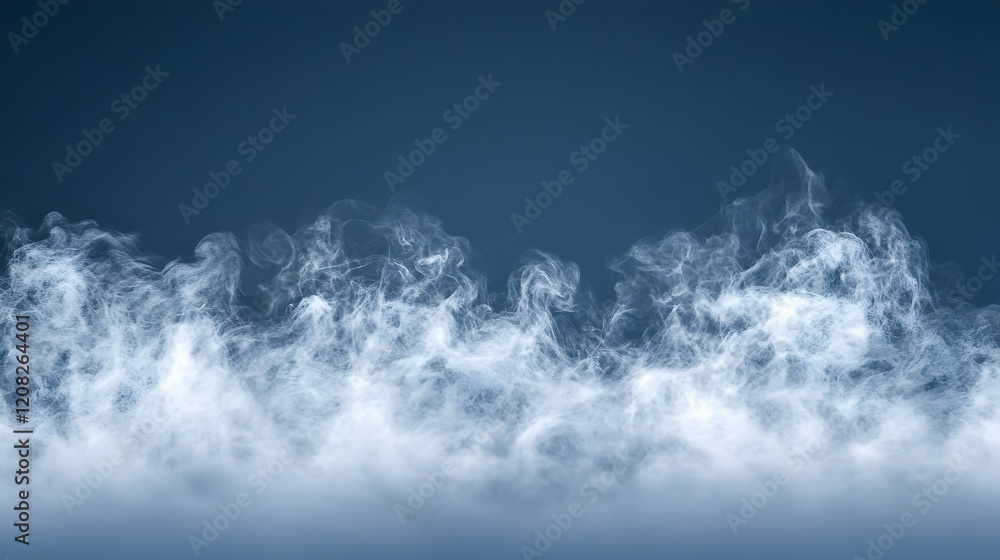 Poster thin mist creating abstract patterns against a solid steel blue background, evenly lit for sharp tex