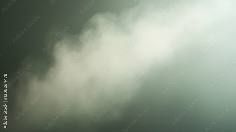Poster thin mist dispersing into soft arcs against a gradient pastel olive and gray background, captured wi