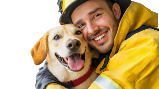 Firefighter and his loyal golden retriever, showcasing a strong bond of friendship, teamwork, and unconditional love in emergency services and animal rescue