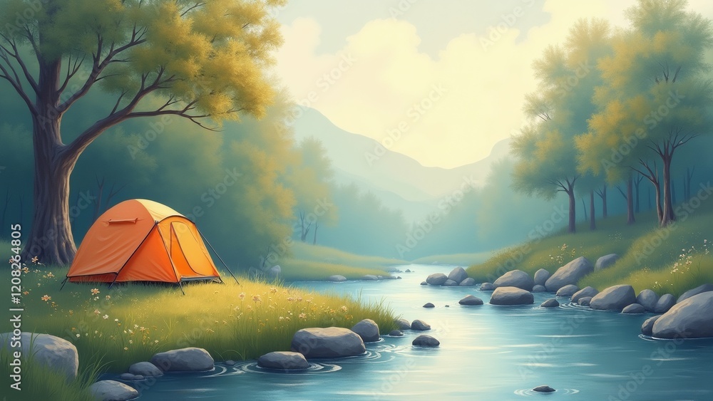 Poster the image is a digital illustration of a beautiful landscape with a river flowing through it. the ri