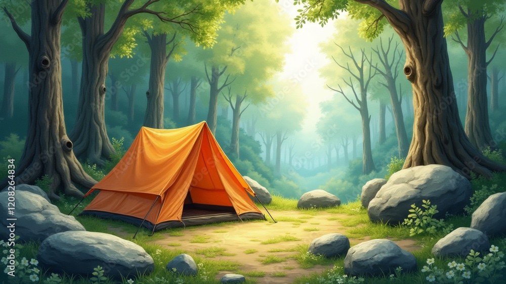 Poster the image is a digital illustration of a camping scene in a forest. the scene is set in the middle o