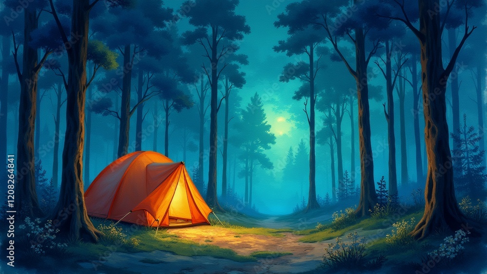 Poster the image is a digital illustration of a camping scene in a forest. the scene is set in the middle o