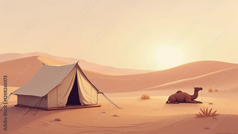Poster the image is a digital illustration of a desert scene. it shows a tent set up in the middle of a vas