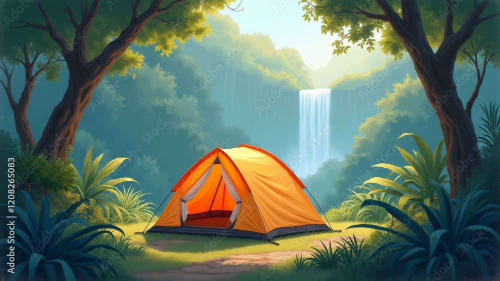 Poster the image is a digital illustration of a camping scene in a tropical forest. in the center of the im