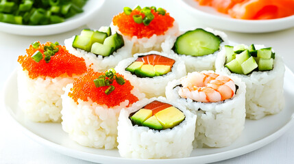 Delightful sushi platter featuring assorted rolls and fresh ingredients served on a white plate