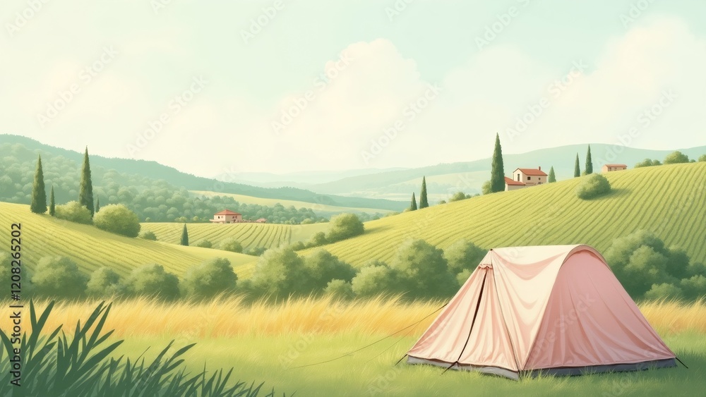 Poster the image is a landscape illustration of a pink tent set up in the middle of a green field. the tent