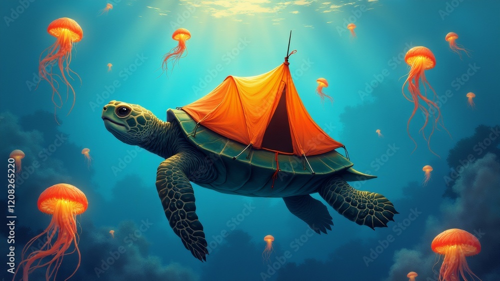 Poster the image is an illustration of a sea turtle with a tent on its back. the turtle is swimming in the 