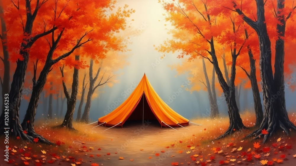Poster the image is a painting of a tent set up in the middle of a forest during autumn. the tent is orange