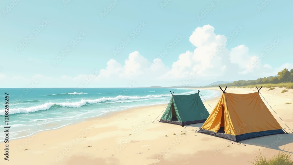 Poster the image shows a beautiful beach scene with two tents set up on the sand. the tents are orange and 