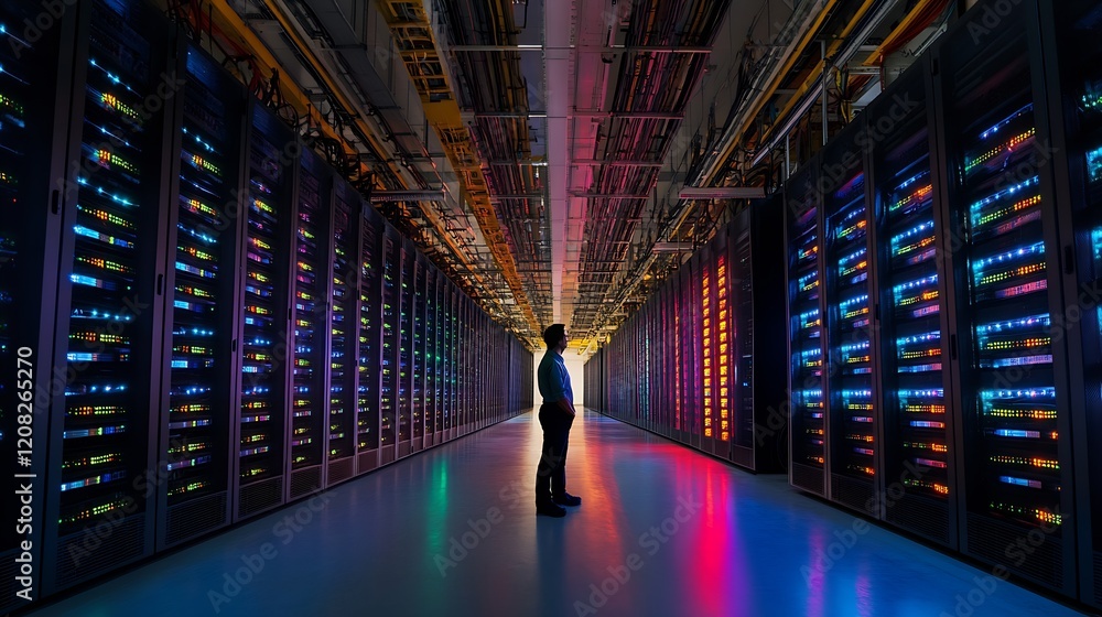 Aufkleber person in vibrantly lit data center corridor surrounded by high-tech servers : generative ai