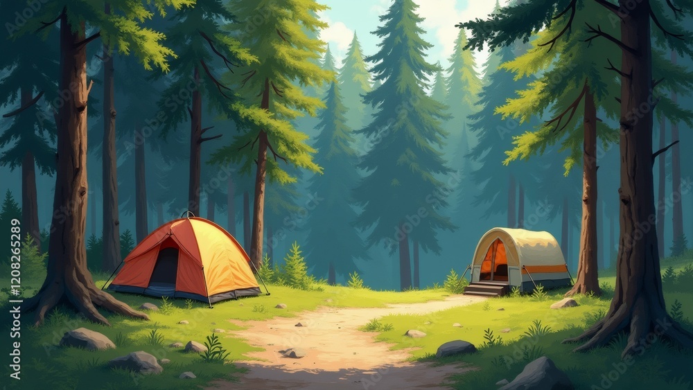 Poster the image shows a beautiful forest scene with two tents set up in the middle. the tents are orange a