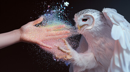 Magical interaction between a white owl and a human hand with shimmering particles at dusk