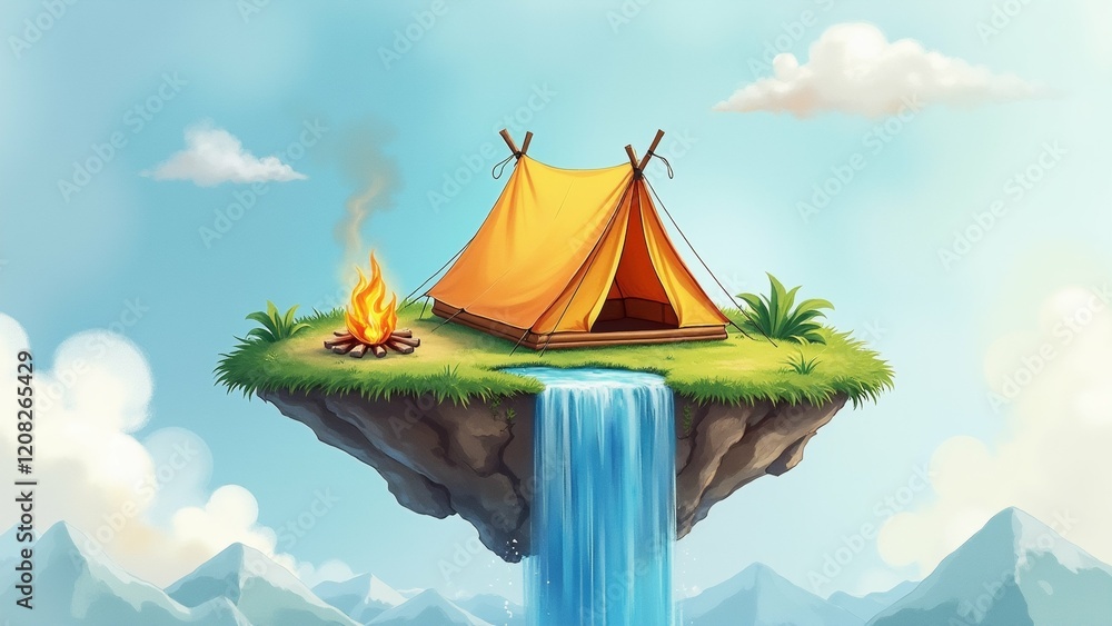 Poster the image shows a small island with a yellow tent on top of it. the island is floating in the middle