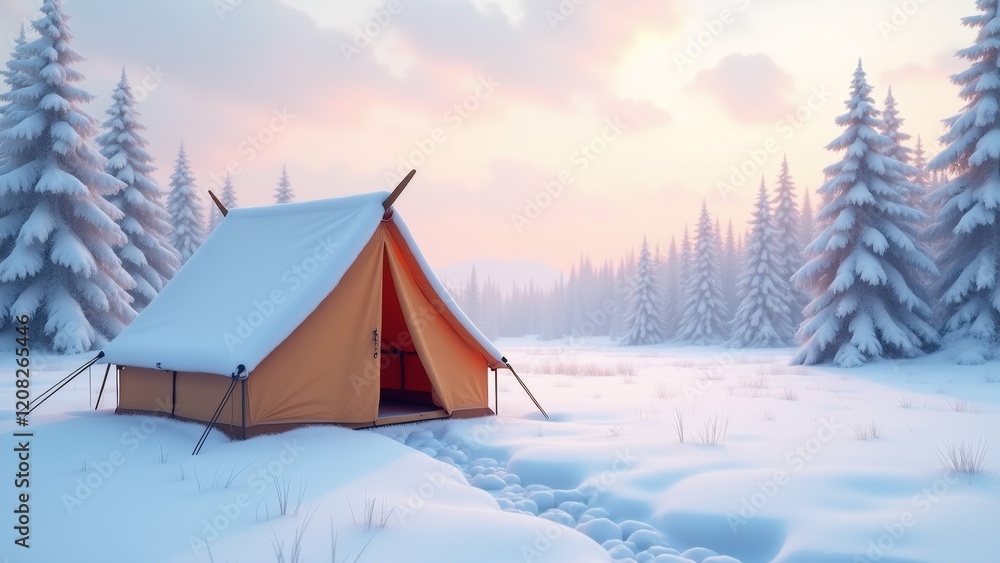 Poster the image shows a tent set up in the middle of a snowy forest. the tent is orange in color and has a