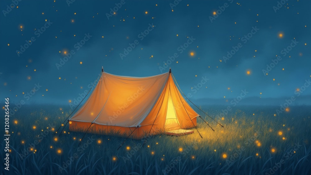 Poster the image shows a tent set up in the middle of a field at night. the tent is orange in color and has