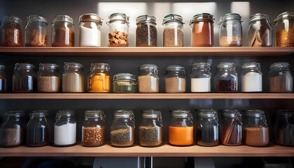 Well-lit pantry showcasing airtight glass jars for a sustainable and tidy kitchen