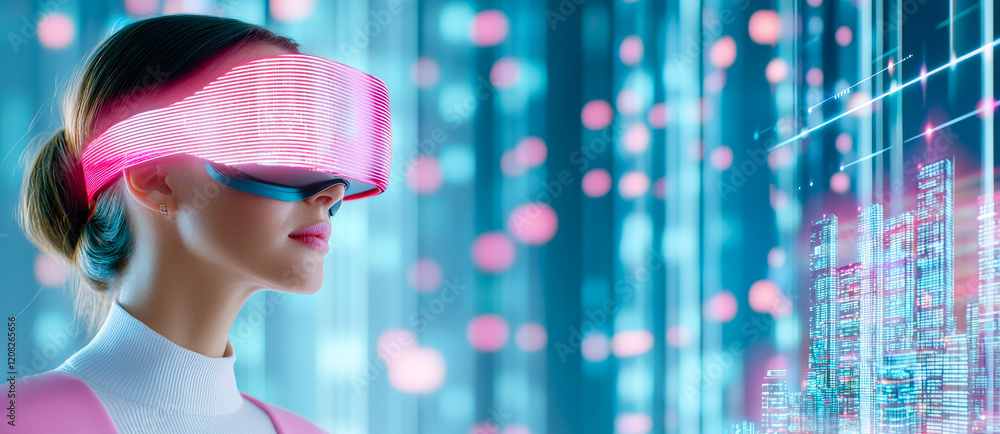 Poster woman using virtual reality headset in futuristic digital environment with glowing graphics