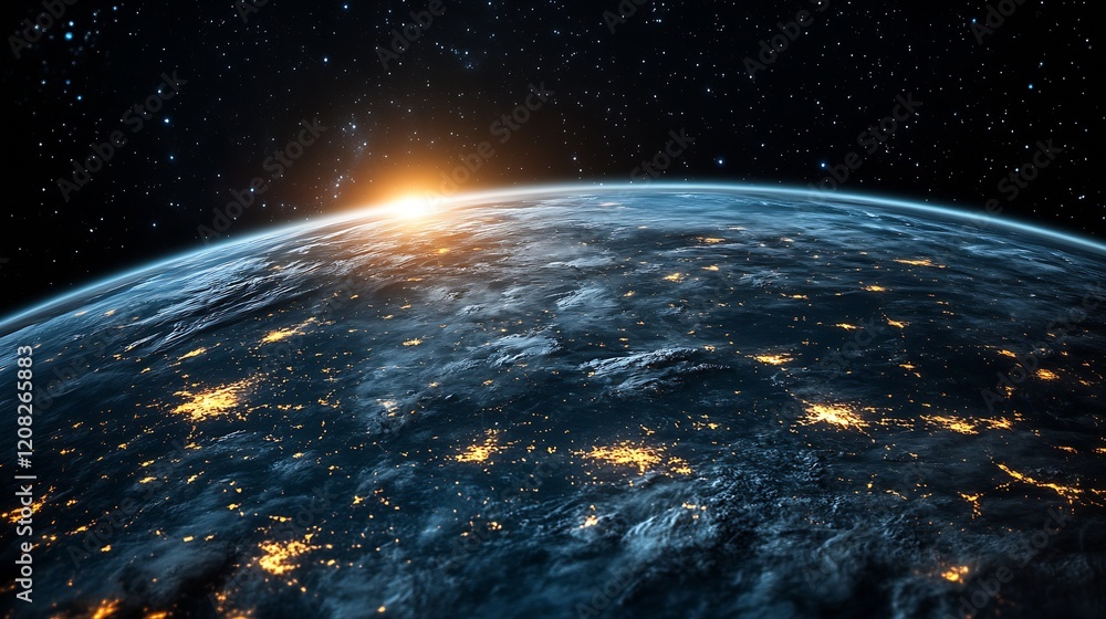 Poster captivating sunrise over planet earth with glowing cities in space view : generative ai