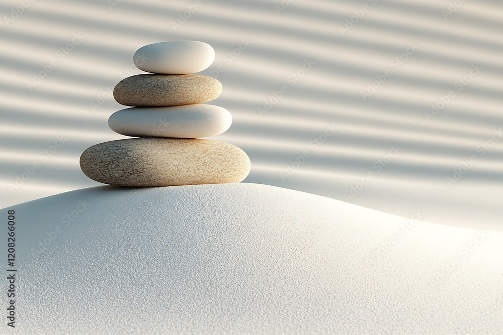 Poster Serene Pebble Stack Resting on Smooth Sand with Soft Natural Patterns : Generative AI