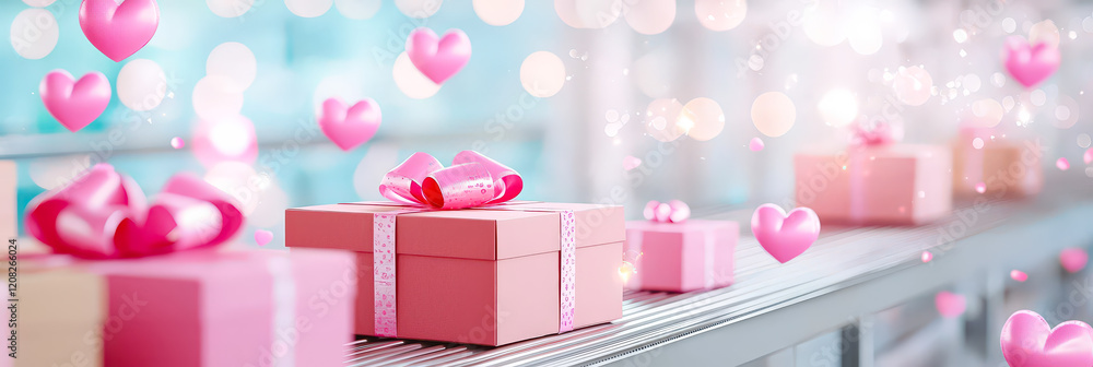 Poster colorful gift boxes with pink ribbons surrounded by floating hearts in conveyor belt surrounded by f
