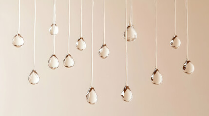 Water spray droplets suspended mid-air against a neutral ivory background, evenly lit for clear definition