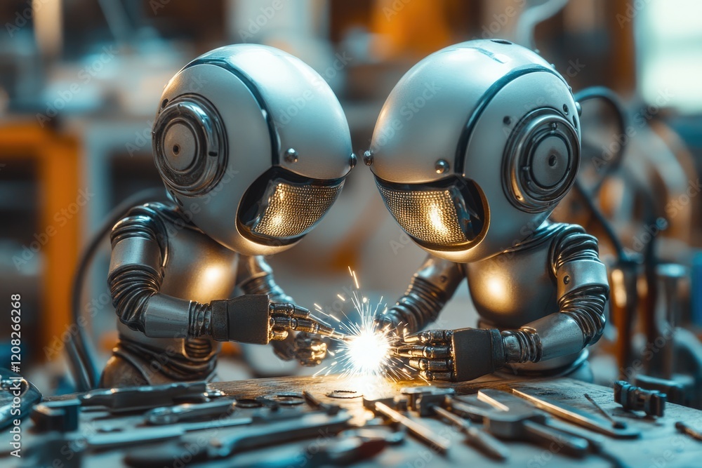 Poster two robots collaborate on a welding project in a workshop, sparks flying.