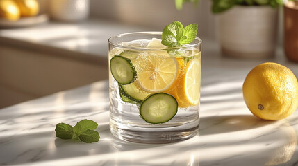 Fototapeta premium Refreshing lemon cucumber mint water in sunlit kitchen