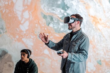 Obraz premium A man wearing a VR headset interacts with a virtual environment, while another person watches nearby.