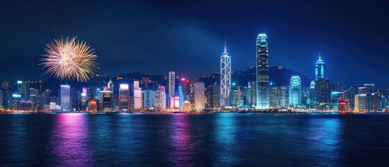 A city skyline with a large firework display in the background