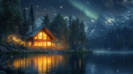 Fototapeta premium Cozy cabin glows warmly by a serene lake under a breathtaking night sky
