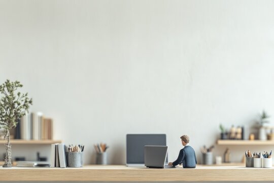 Miniature businessman working on laptop at minimalist desk, surrounded by books and stationery.