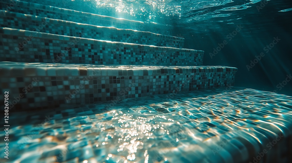 Poster Close-up of pool steps with detailed mosaic tiling and soft light : Generative AI