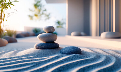 A tranquil Zem garden with swept sand and balanced stones. Meditation and relaxation garden in peaceful harmony.