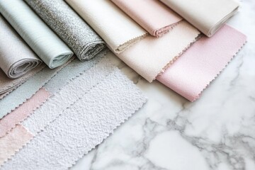 A collection of soft, pastel-colored fabric swatches displayed on a marble surface.