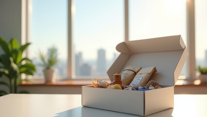 Subscription Box Mockup, Office with city view open artisan subscription box in focus photorealistic.