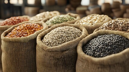 Obraz premium Organic seeds, packed in ecofriendly pouches. Colorful assortment of grains and legumes in burlap sacks.