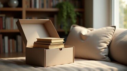 Subscription Box Mockup, Reading nook literary subscription box with curated books photorealistic.