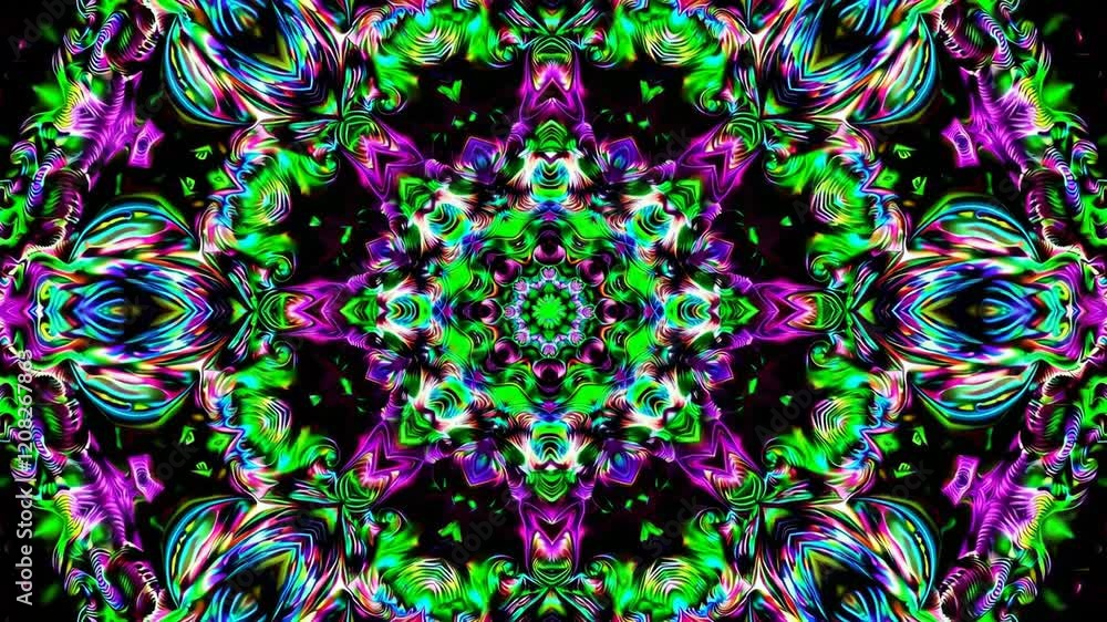 Poster Colorful abstract kaleidoscope pattern with neon elements reflecting symmetry and vibrancy. Psychedelic art and geometric design concept