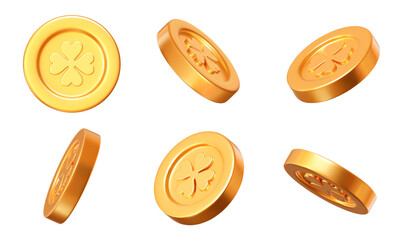 3d golden coins set with clover leaves pattern in different angles. St. Patrick's Day shiny element. Stock vector illustration on white isolated background.