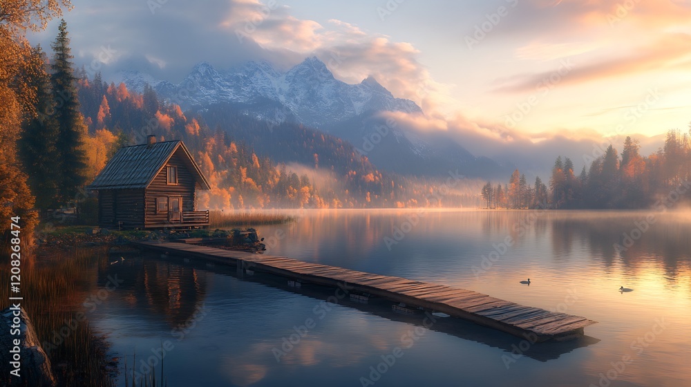 Poster rustic lakeside cabin with autumn foilage and misty mountain views : generative ai