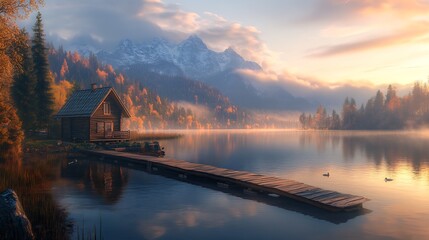 Fototapeta premium Rustic Lakeside Cabin with Autumn Foilage and Misty Mountain Views : Generative AI
