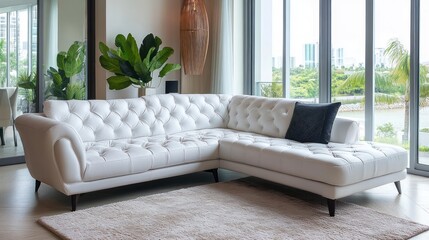 Modern white leather sectional sofa in a luxury living room.