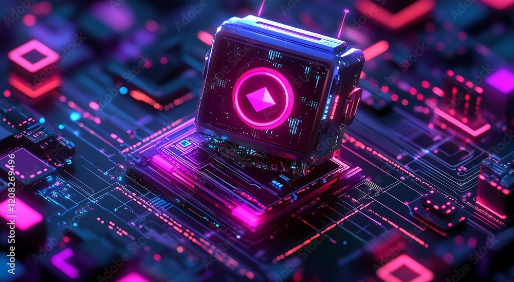 Aufkleber Futuristic Cyberpunk Aesthetic Glowing Circuit Chipset with Play Button Symbol : Generative AI