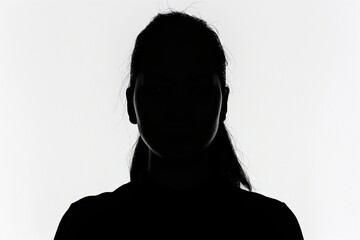 Silhouette of a woman with hidden facial features against a white background