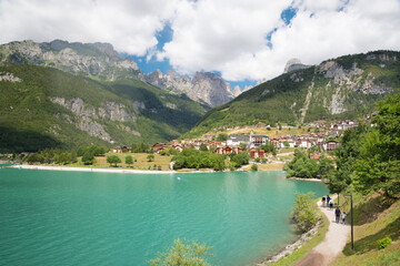 The Alps lake Lago di Molveno with the Brenta dolomites in the background.