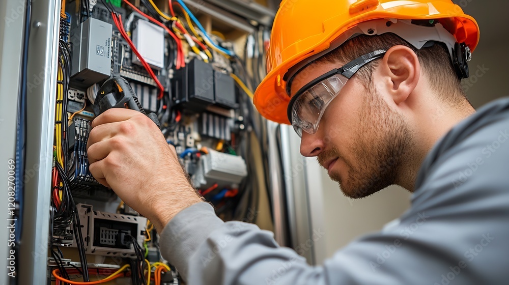 Aufkleber Electrician in helmet working on circuit board wiring troubleshooting electrical systems : Generative AI