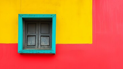 Exterior facade of a residential house with brightly coloured wall and one window with closed shutters. Illustration for cover, postcard, interior design, brochure, presentation.