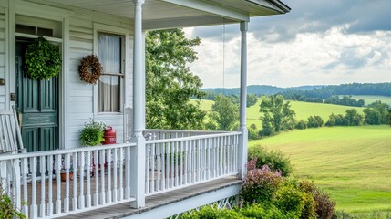 Fototapeta premium Farmhouse style front porch with white wood railings generative ai
